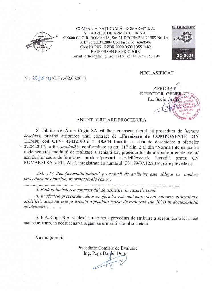 Anunt anulare licitatie componente din lemn