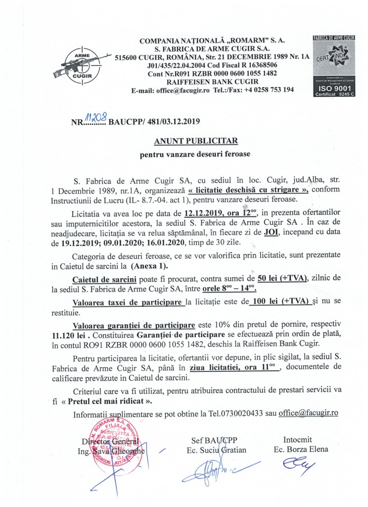 anunt, vanzare deseuri feroase2019