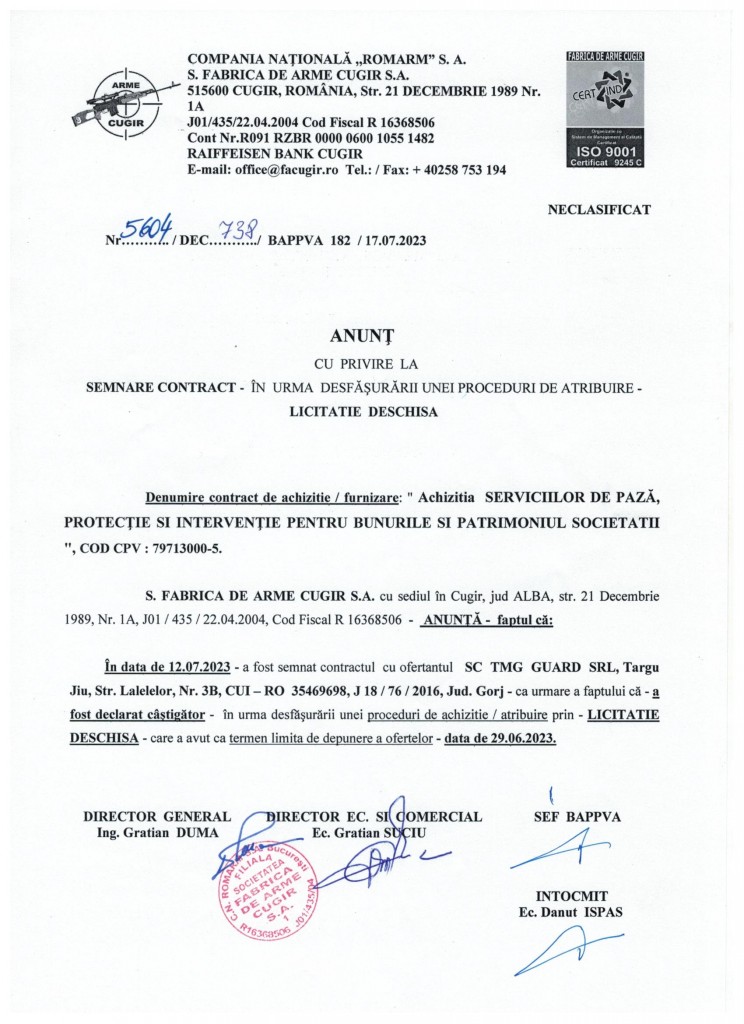 anunt semnare contract paza 2023